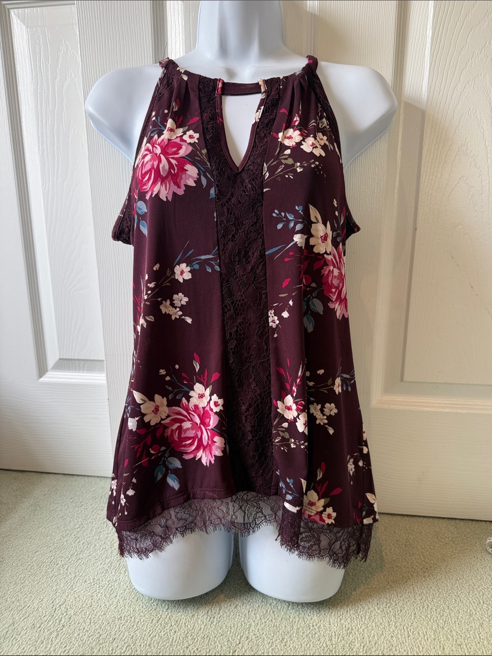 White House Black Market Burgundy Floral Lace-Trim Halter Top